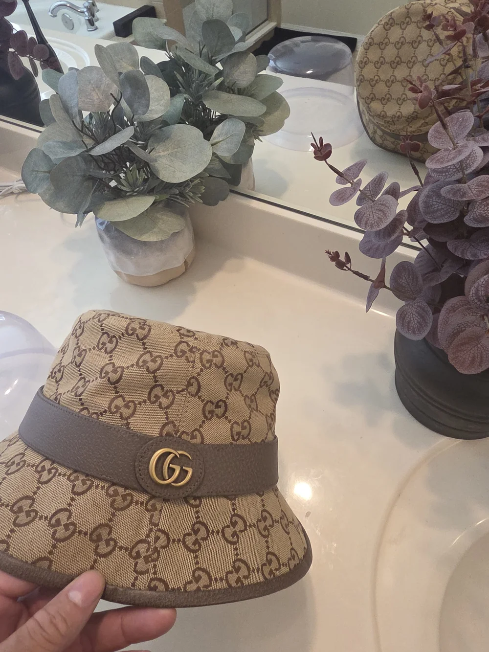 Gucci Beige Brown Monogram Canvas Bucket Hat with Gold Double G